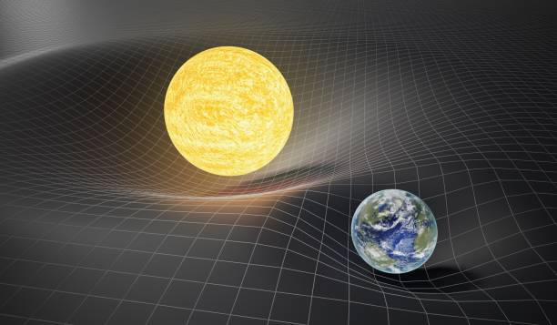 A grid illustrating how mass curves spacetime, with a small orbiting body following the curve.